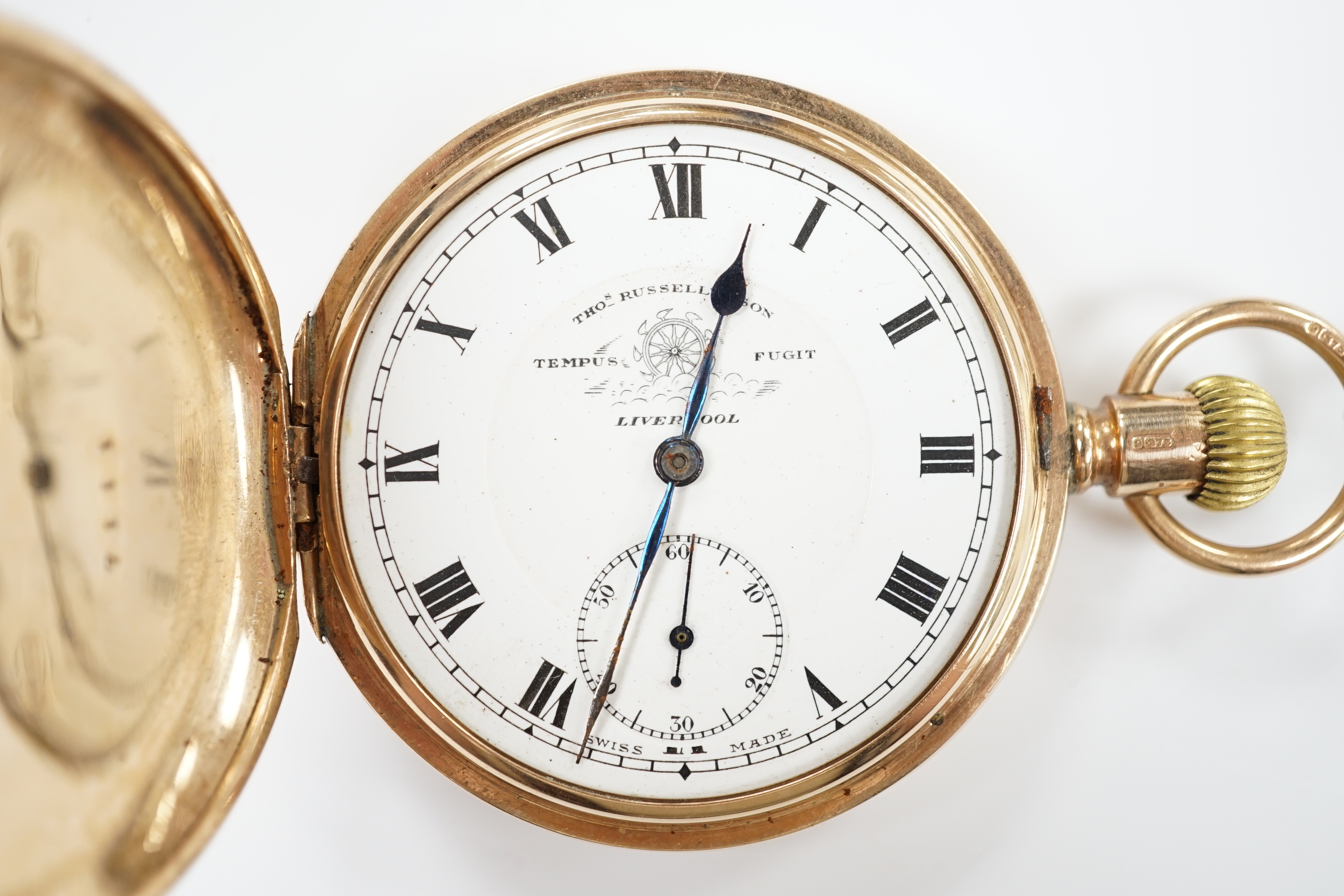A George V 9ct gold keyless hunter pocket watch, by Thomas Russell & Sons Ltd of Liverpool, with Roman dial and subsidiary seconds (lacking glass), case diameter 50mm, gross weight 90 grams.